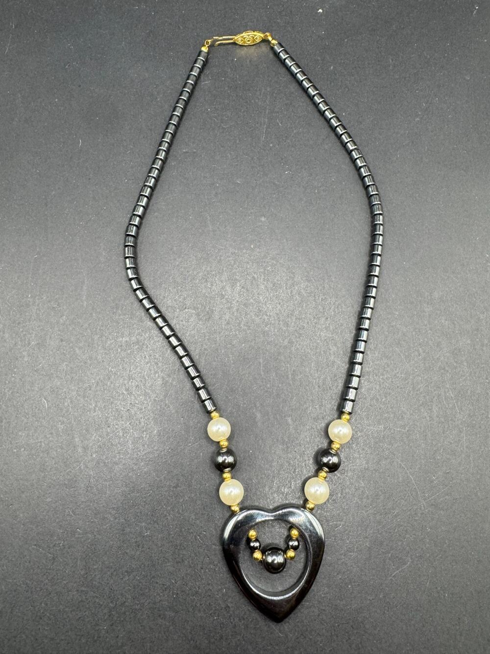 Black Hematite Necklace Love Heart Pendant Faux Pearl Accent Beaded Necklace 18"